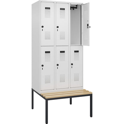 Evolo PLUS bench seat double deck clothes locker, 3 compartments, white, W 900 mm, security rotary bolt, with bench fitted below, beech.