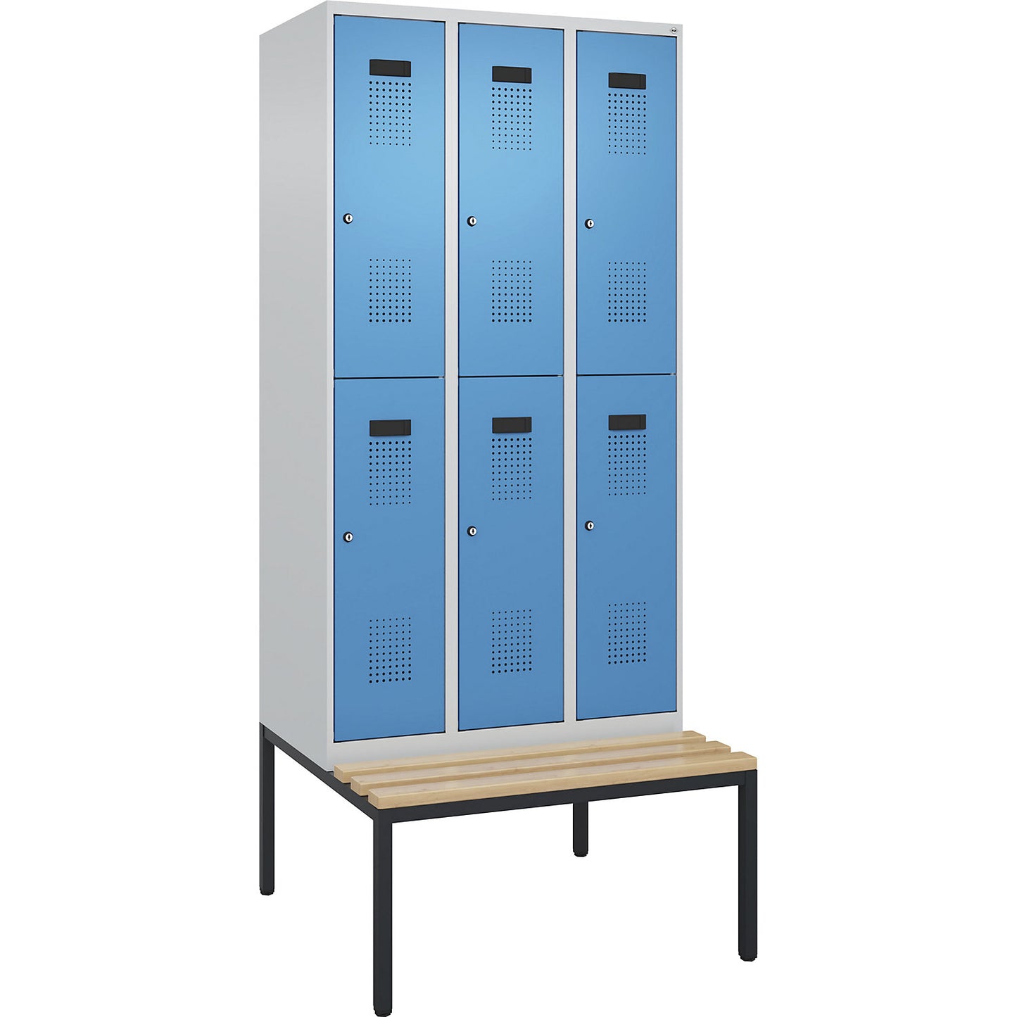 Evolo PLUS bench seat double deck clothes locker, 3 compartments, light grey / light blue, W 900 mm, cylinder lock, with bench fitted below, beech.