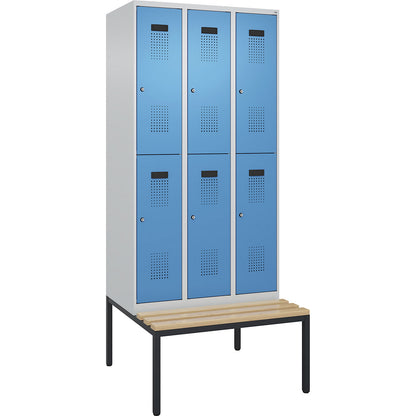 Evolo PLUS bench seat double deck clothes locker, 3 compartments, light grey / light blue, W 900 mm, cylinder lock, with bench fitted below, beech.