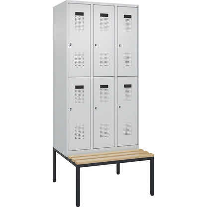 Evolo PLUS bench seat double deck clothes locker, 3 compartments, light grey / light grey, W 900 mm, cylinder lock, with bench fitted below, beech.