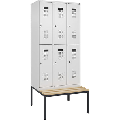 Evolo PLUS bench seat double deck clothes locker, 3 compartments, white, W 900 mm, cylinder lock, with bench fitted below, beech.