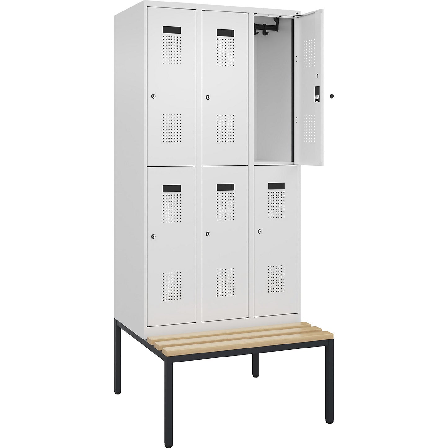 Evolo PLUS bench seat double deck clothes locker, 3 compartments, white, W 900 mm, cylinder lock, with bench fitted below, beech.