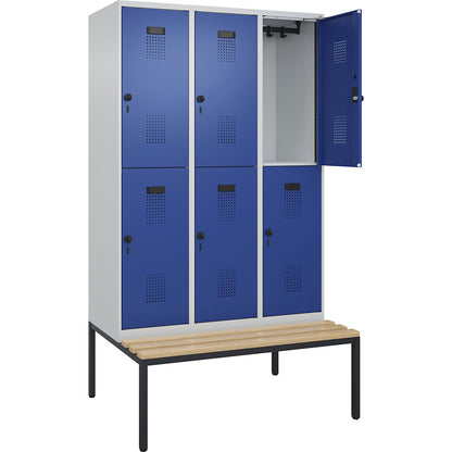 Evolo PLUS bench seat double deck clothes locker, 3 compartments, light grey / gentian blue, W 1200 mm, security rotary bolt, with bench fitted below, beech.