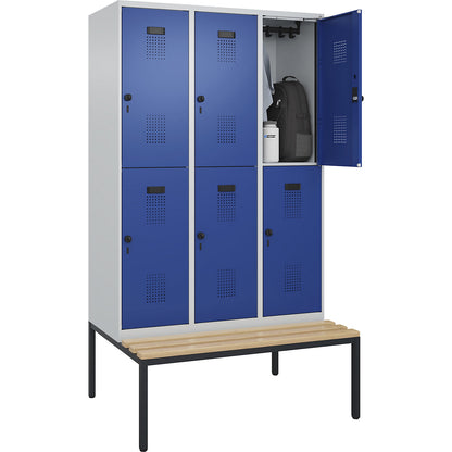 Evolo PLUS bench seat double deck clothes locker, 3 compartments, light grey / gentian blue, W 1200 mm, security rotary bolt, with bench fitted below, beech.