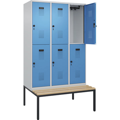 Evolo PLUS bench seat double deck clothes locker, 3 compartments, light grey / light blue, W 1200 mm, security rotary bolt, with bench fitted below, beech.