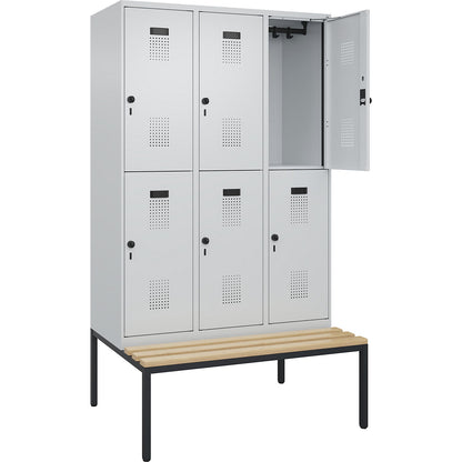 Evolo PLUS bench seat double deck clothes locker, 3 compartments, light grey / light grey, W 1200 mm, security rotary bolt, with bench fitted below, beech.