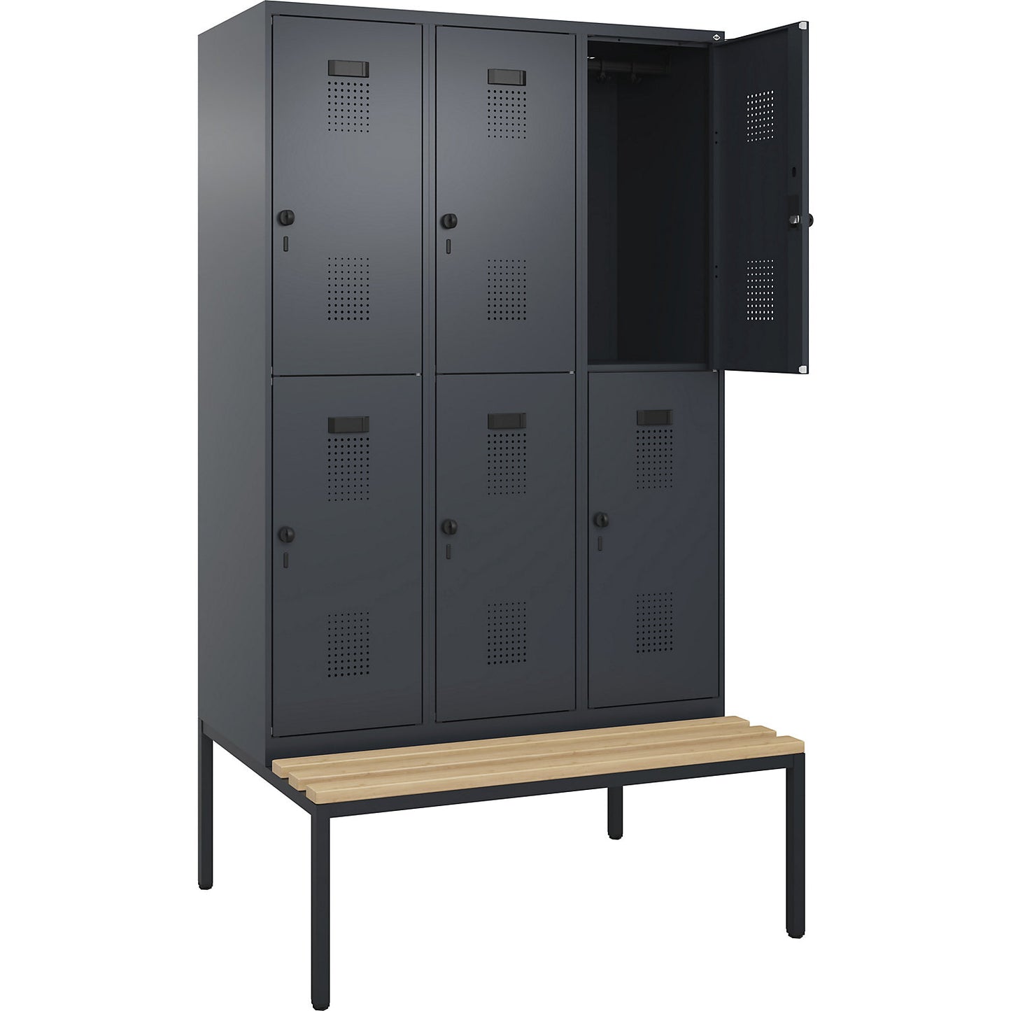 Evolo PLUS bench seat double deck clothes locker, 3 compartments, grey, W 1200 mm, security rotary bolt, with bench fitted below, beech.
