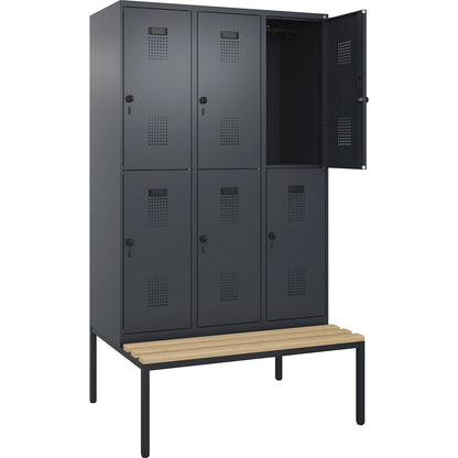 Evolo PLUS bench seat double deck clothes locker, 3 compartments, grey, W 1200 mm, security rotary bolt, with bench fitted below, beech.