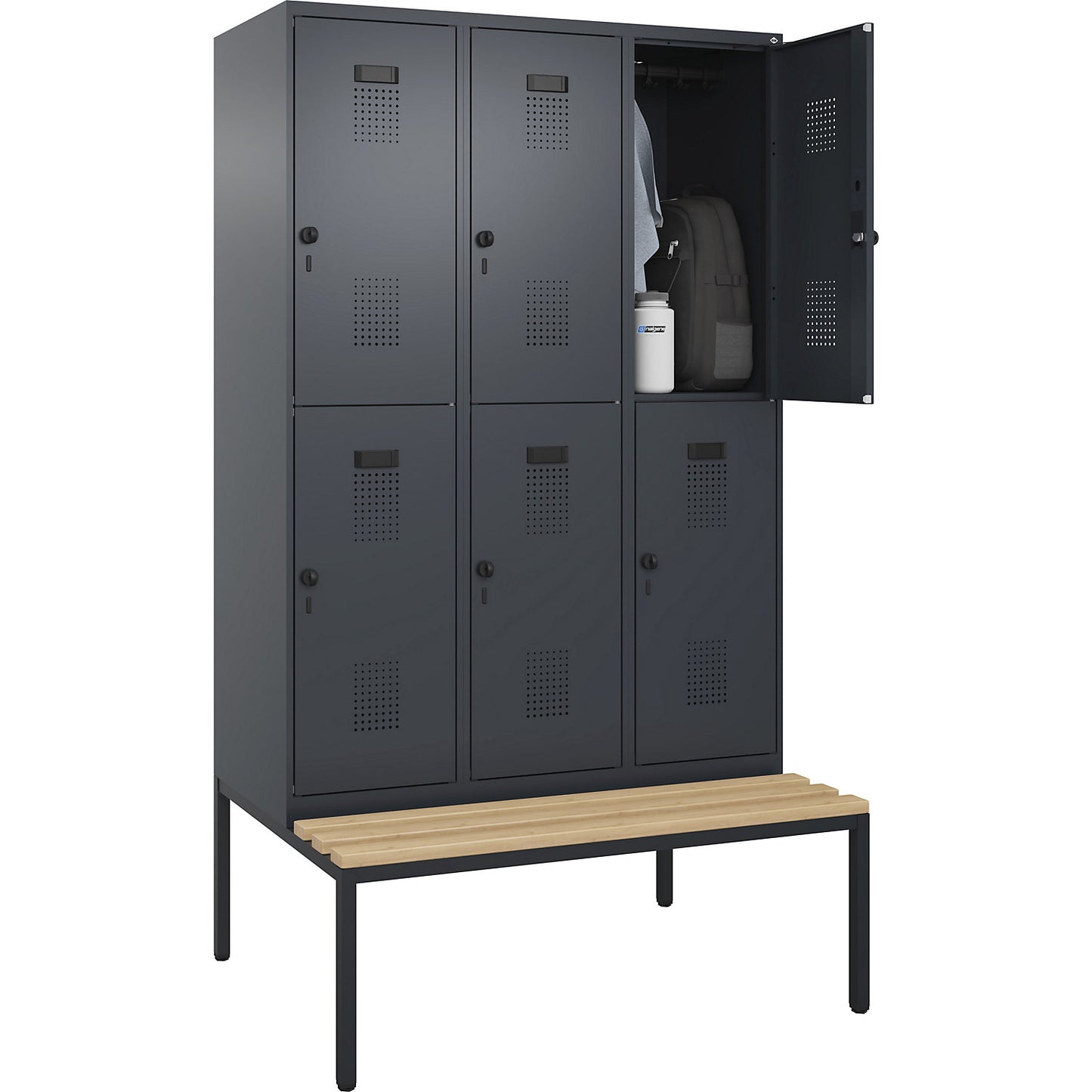 Evolo PLUS bench seat double deck clothes locker, 3 compartments, grey, W 1200 mm, security rotary bolt, with bench fitted below, beech.