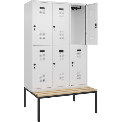 Evolo PLUS bench seat double deck clothes locker, 3 compartments, white, W 1200 mm, security rotary bolt, with bench fitted below, beech.