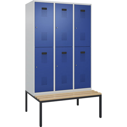 Evolo PLUS bench seat double deck clothes locker, 3 compartments, light grey / gentian blue, W 1200 mm, cylinder lock, with bench fitted below, beech.
