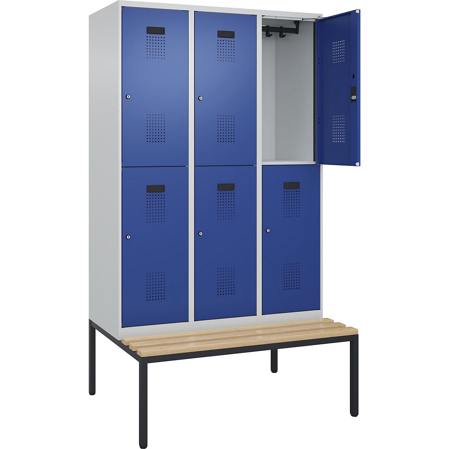 Evolo PLUS bench seat double deck clothes locker, 3 compartments, light grey / gentian blue, W 1200 mm, cylinder lock, with bench fitted below, beech.