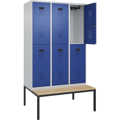 Evolo PLUS bench seat double deck clothes locker, 3 compartments, light grey / gentian blue, W 1200 mm, cylinder lock, with bench fitted below, beech.
