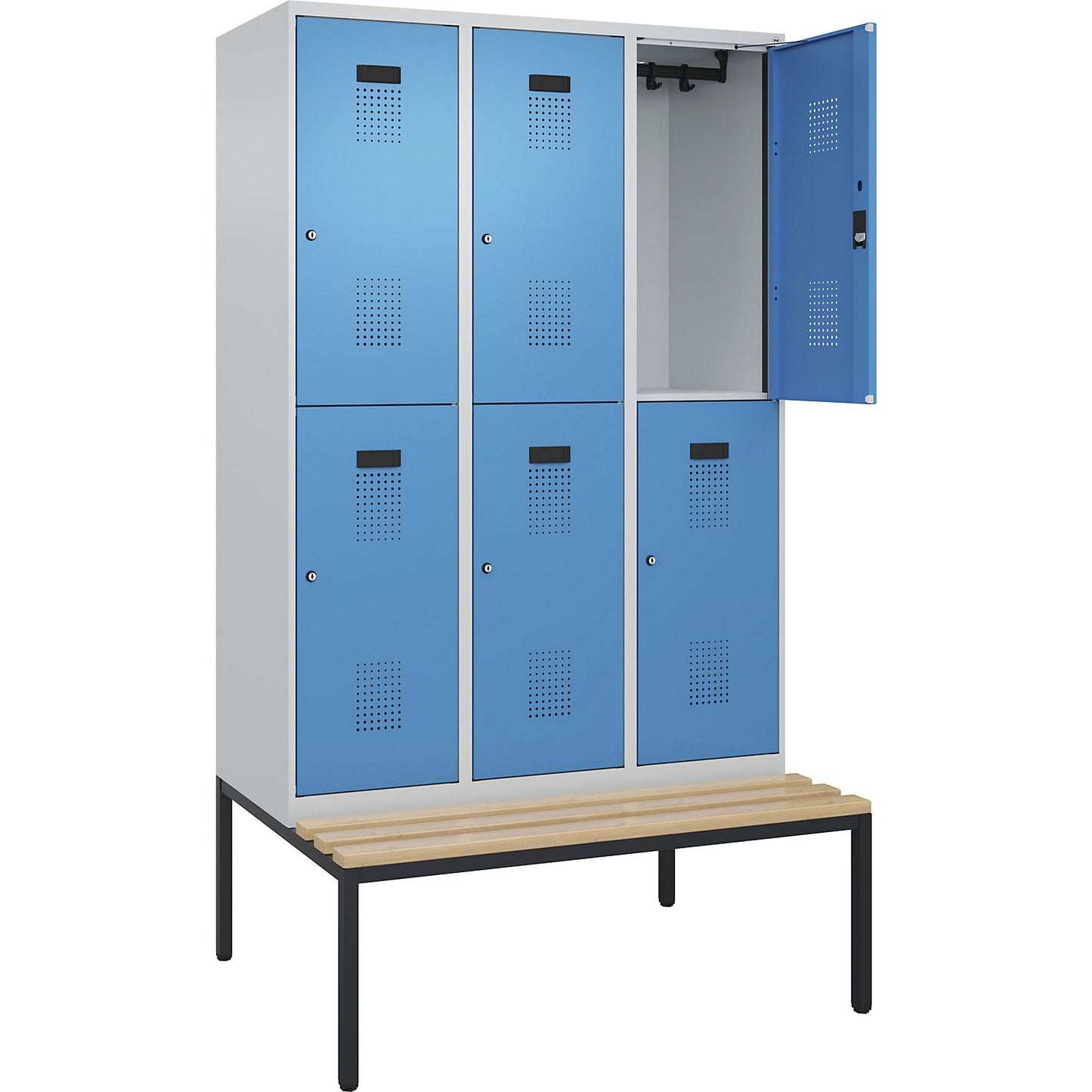 Evolo PLUS bench seat double deck clothes locker, 3 compartments, light grey / light blue, W 1200 mm, cylinder lock, with bench fitted below, beech.