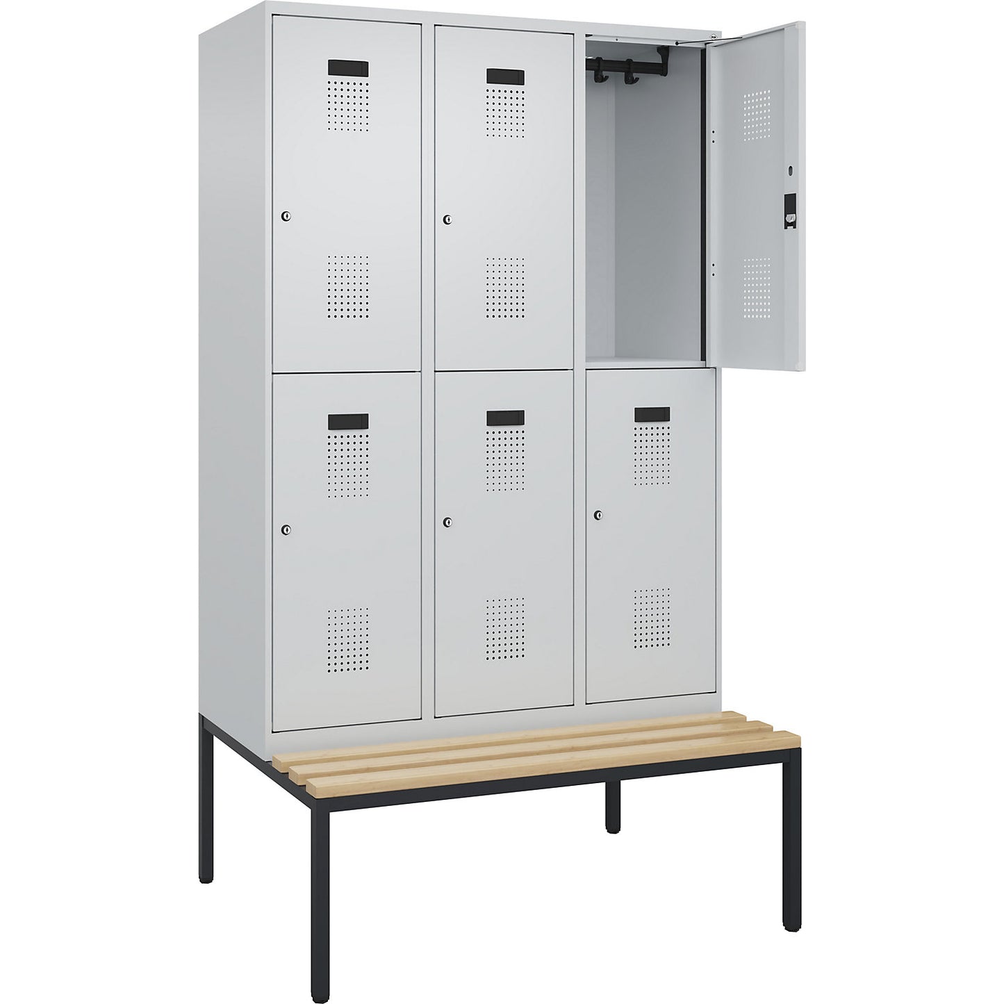 Evolo PLUS bench seat double deck clothes locker, 3 compartments, light grey / light grey, W 1200 mm, cylinder lock, with bench fitted below, beech.
