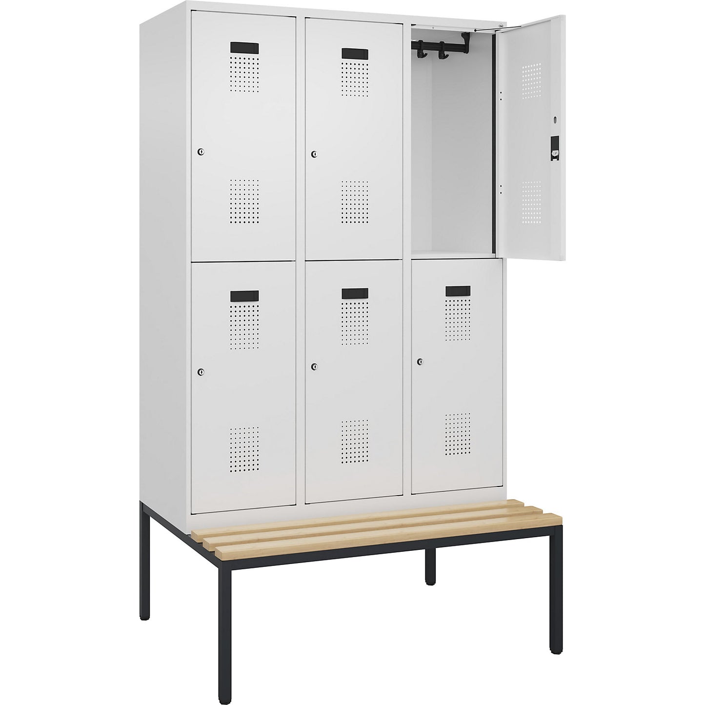 Evolo PLUS bench seat double deck clothes locker, 3 compartments, white, W 1200 mm, cylinder lock, with bench fitted below, beech.