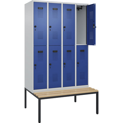 Evolo PLUS bench seat double deck clothes locker, 4 compartments, light grey / gentian blue, W 1200 mm, security rotary bolt, with bench fitted below, beech.