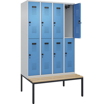 Evolo PLUS bench seat double deck clothes locker, 4 compartments, light grey / light blue, W 1200 mm, security rotary bolt, with bench fitted below, beech.