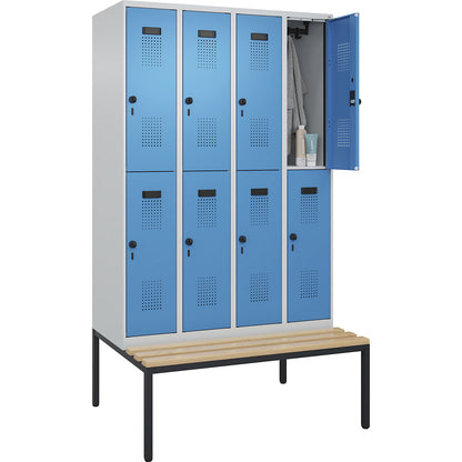 Evolo PLUS bench seat double deck clothes locker, 4 compartments, light grey / light blue, W 1200 mm, security rotary bolt, with bench fitted below, beech.