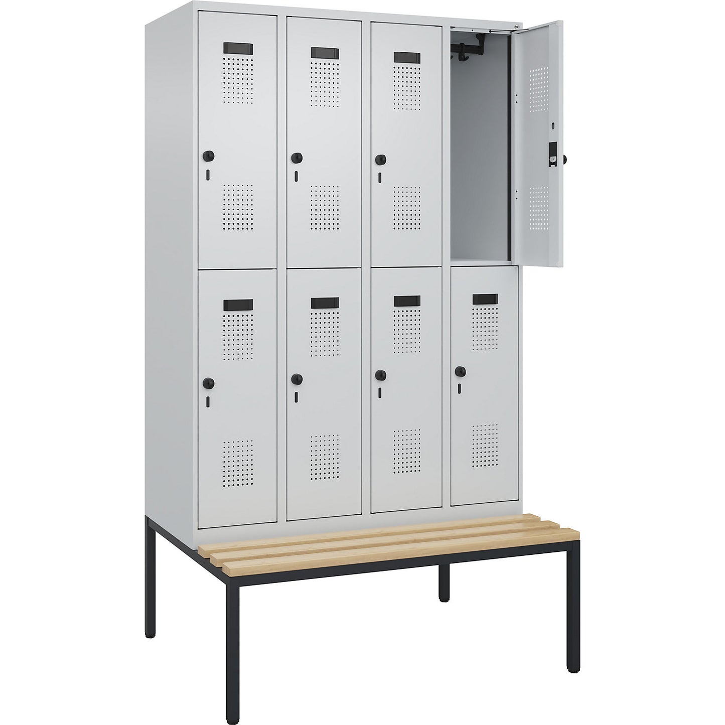 Evolo PLUS bench seat double deck clothes locker, 4 compartments, light grey / light grey, W 1200 mm, security rotary bolt, with bench fitted below, beech.
