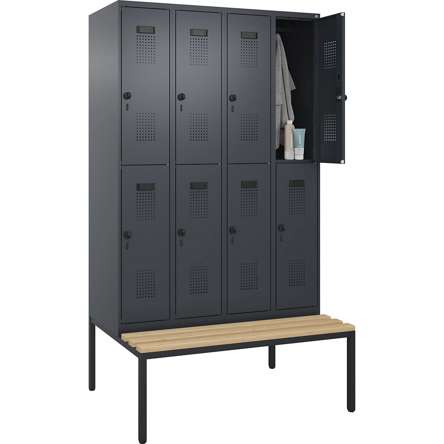 Evolo PLUS bench seat double deck clothes locker, 4 compartments, grey, W 1200 mm, security rotary bolt, with bench fitted below, beech.