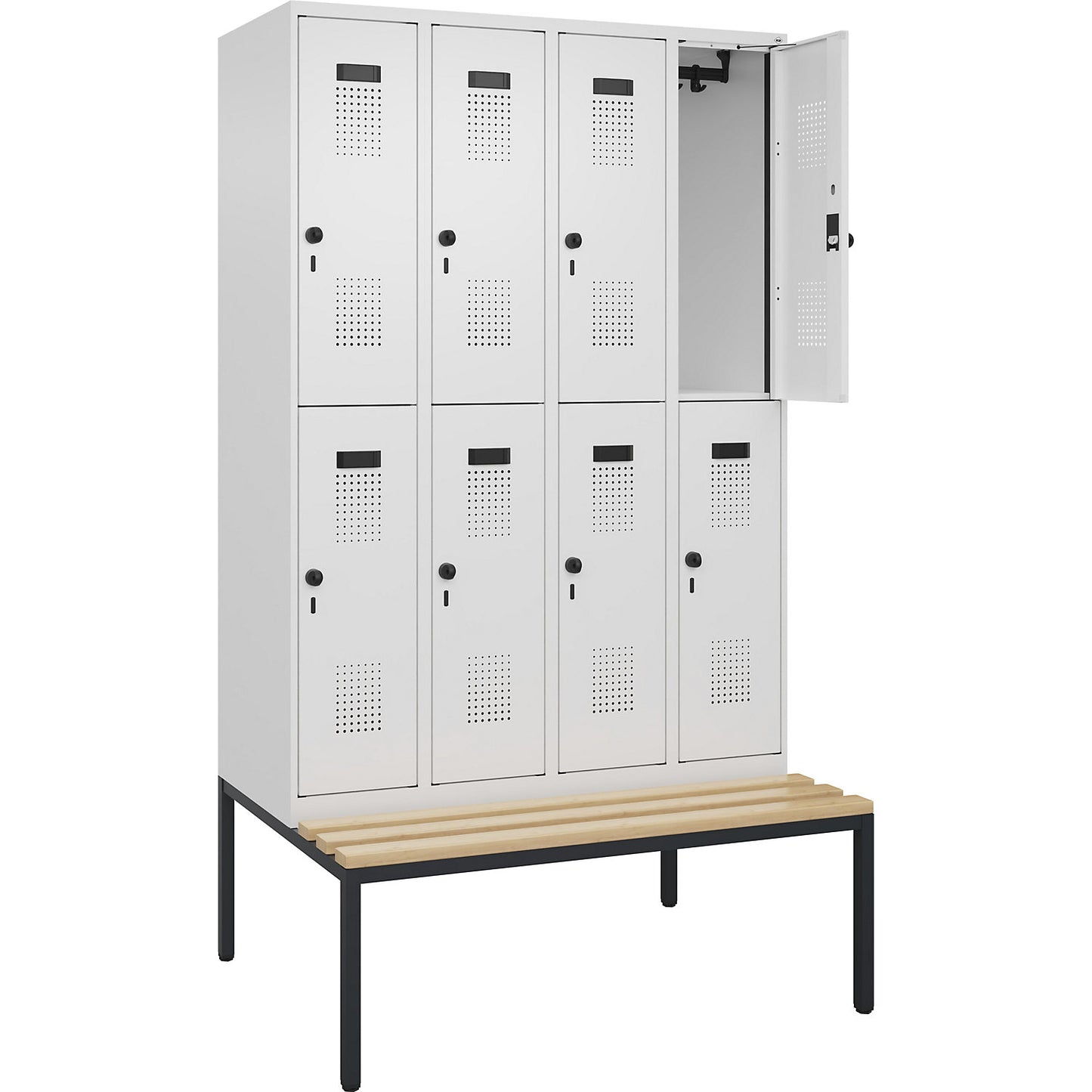 Evolo PLUS bench seat double deck clothes locker, 4 compartments, white, W 1200 mm, security rotary bolt, with bench fitted below, beech.