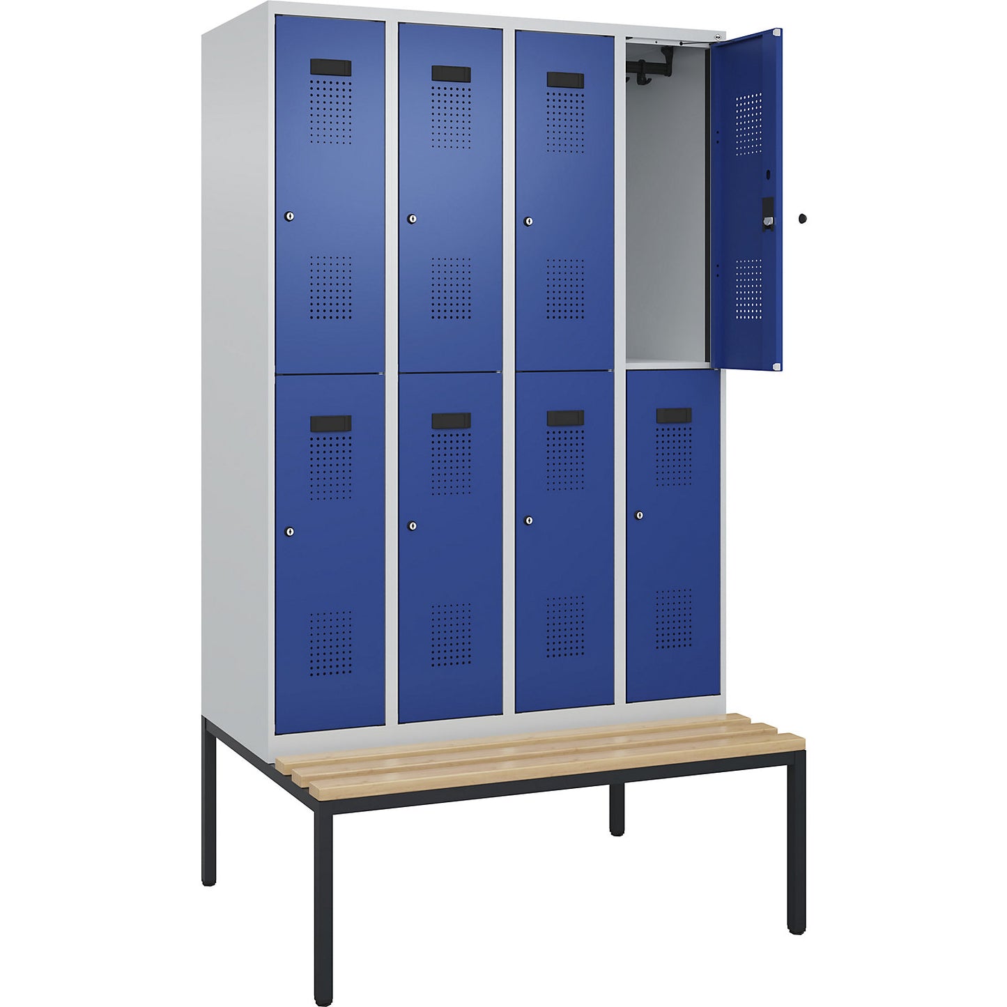 Evolo PLUS bench seat double deck clothes locker, 4 compartments, light grey / gentian blue, W 1200 mm, cylinder lock, with bench fitted below, beech.
