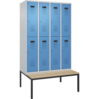 Evolo PLUS bench seat double deck clothes locker, 4 compartments, light grey / light blue, W 1200 mm, cylinder lock, with bench fitted below, beech.