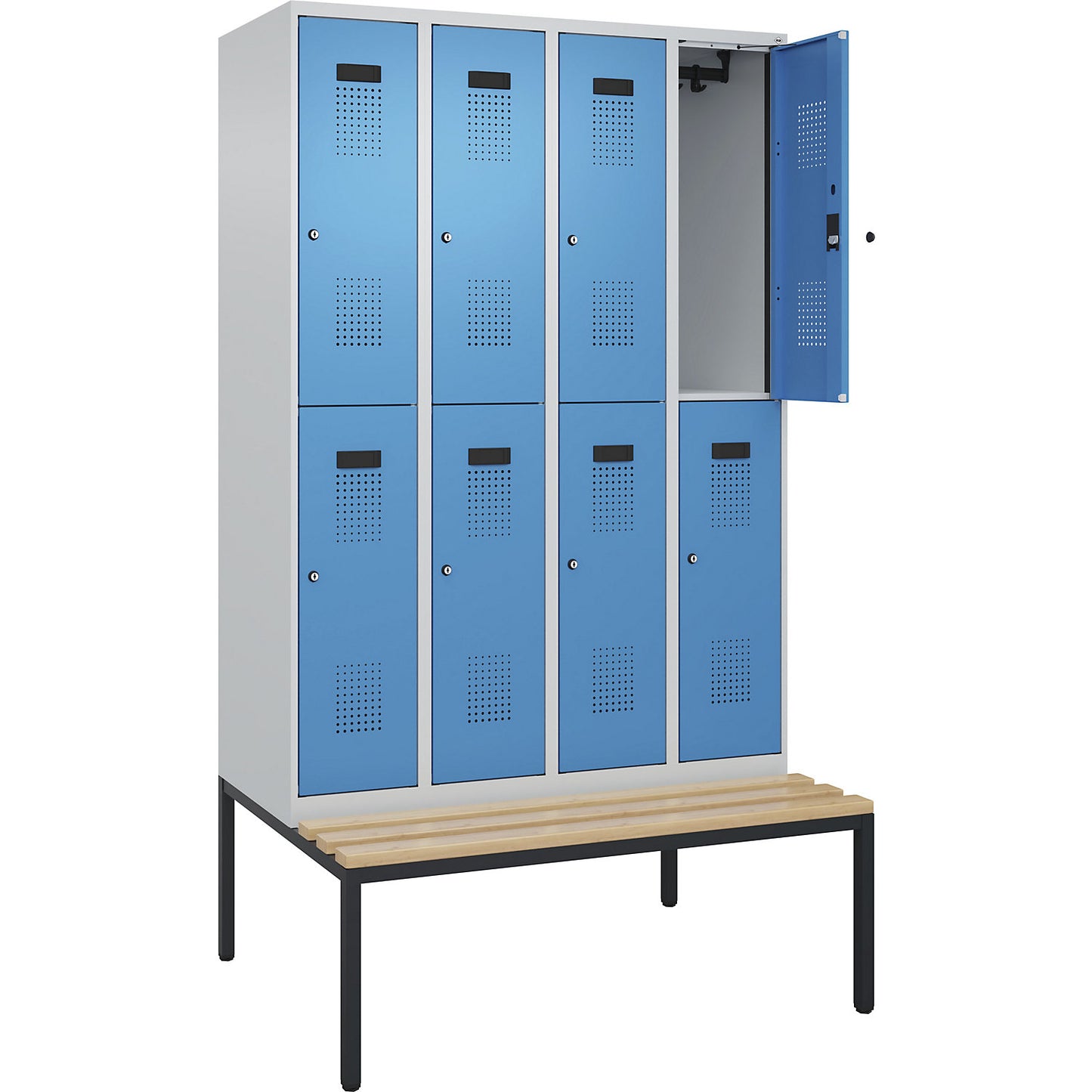 Evolo PLUS bench seat double deck clothes locker, 4 compartments, light grey / light blue, W 1200 mm, cylinder lock, with bench fitted below, beech.