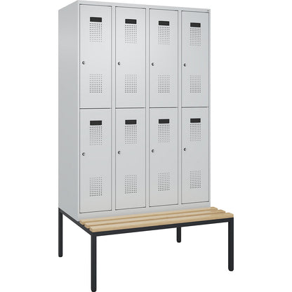 Evolo PLUS bench seat double deck clothes locker, 4 compartments, light grey / light grey, W 1200 mm, cylinder lock, with bench fitted below, beech.