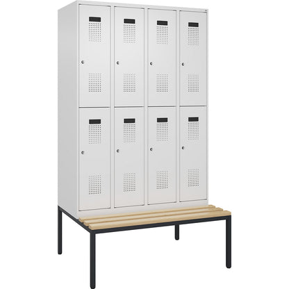 Evolo PLUS bench seat double deck clothes locker, 4 compartments, white, W 1200 mm, cylinder lock, with bench fitted below, beech.
