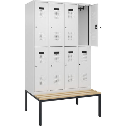 Evolo PLUS bench seat double deck clothes locker, 4 compartments, white, W 1200 mm, cylinder lock, with bench fitted below, beech.