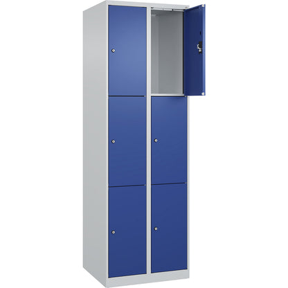 Evolo PLUS 3-fold compartment locker, 2 compartments, light grey / gentian blue, W 600 mm, 6 compartments, with floor glides, cylinder lock.