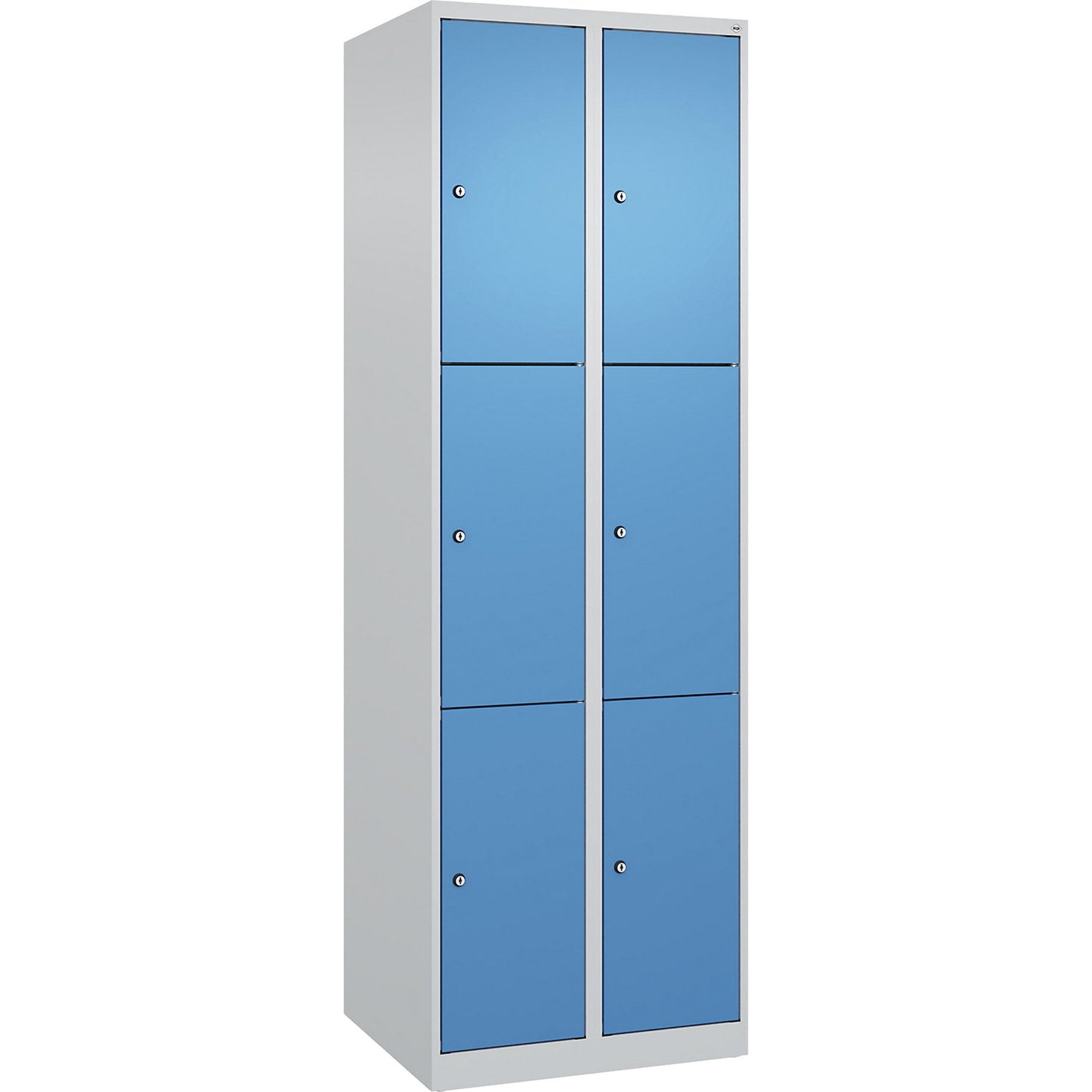 Evolo PLUS 3-fold compartment locker, 2 compartments, light grey / light blue, W 600 mm, 6 compartments, with floor glides, cylinder lock.
