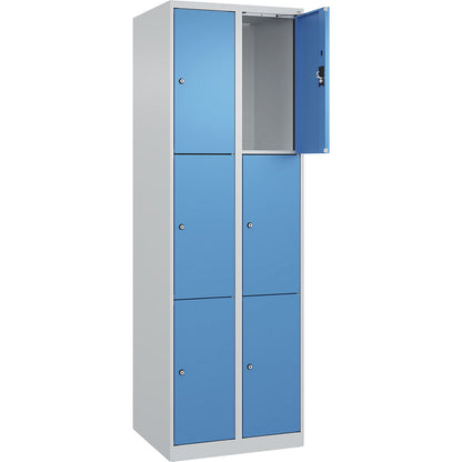 Evolo PLUS 3-fold compartment locker, 2 compartments, light grey / light blue, W 600 mm, 6 compartments, with floor glides, cylinder lock.