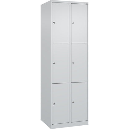 Evolo PLUS 3-fold compartment locker, 2 compartments, light grey, W 600 mm, 6 compartments, with floor glides, cylinder lock.
