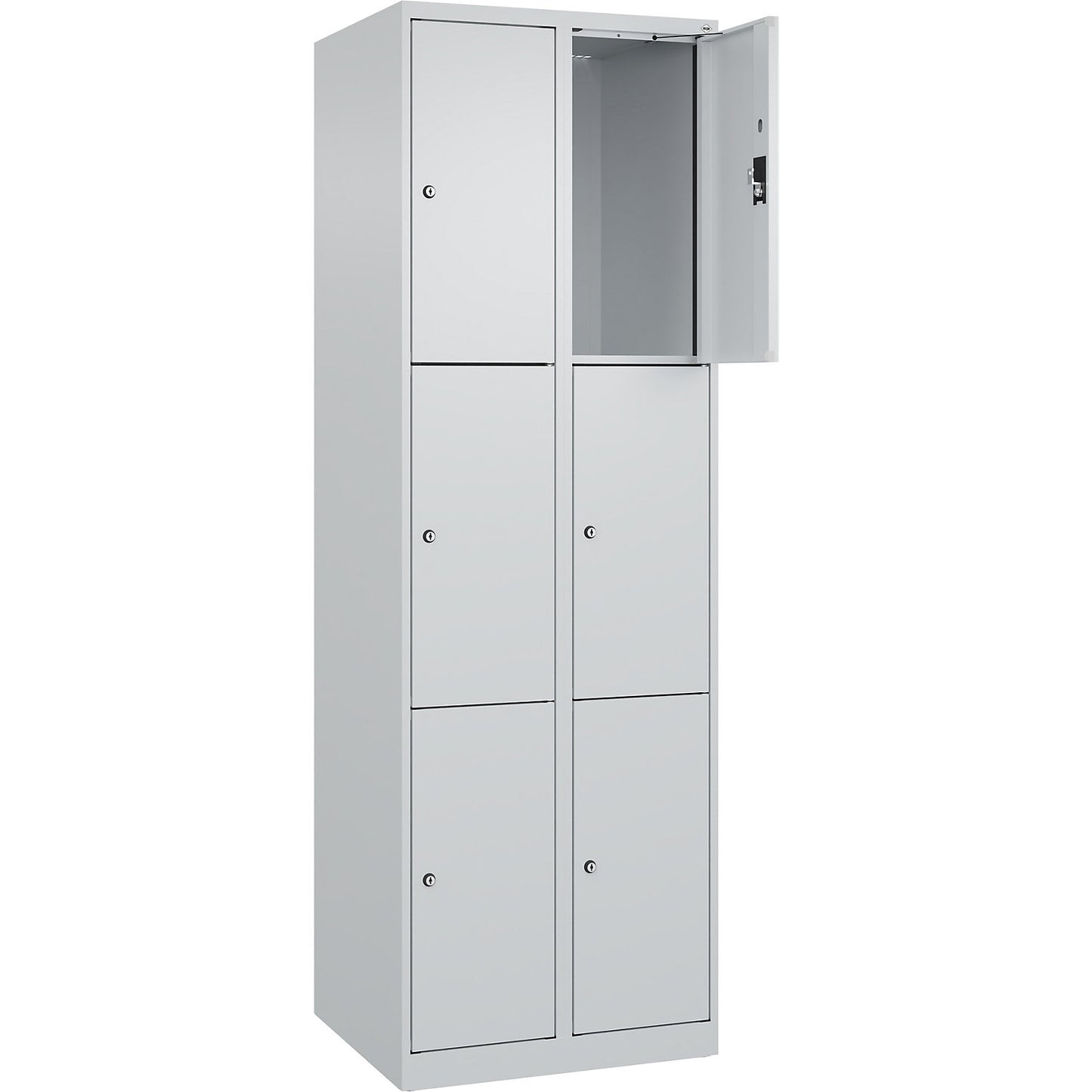 Evolo PLUS 3-fold compartment locker, 2 compartments, light grey, W 600 mm, 6 compartments, with floor glides, cylinder lock.