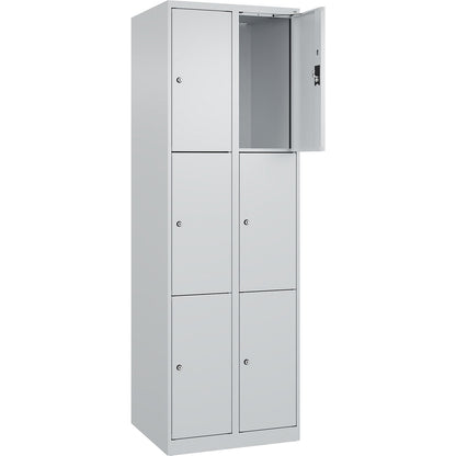 Evolo PLUS 3-fold compartment locker, 2 compartments, light grey, W 600 mm, 6 compartments, with floor glides, cylinder lock.
