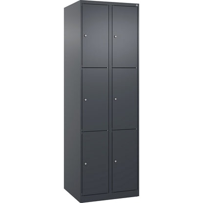 Evolo PLUS 3-fold compartment locker, 2 compartments, grey, W 600 mm, 6 compartments, with floor glides, cylinder lock.