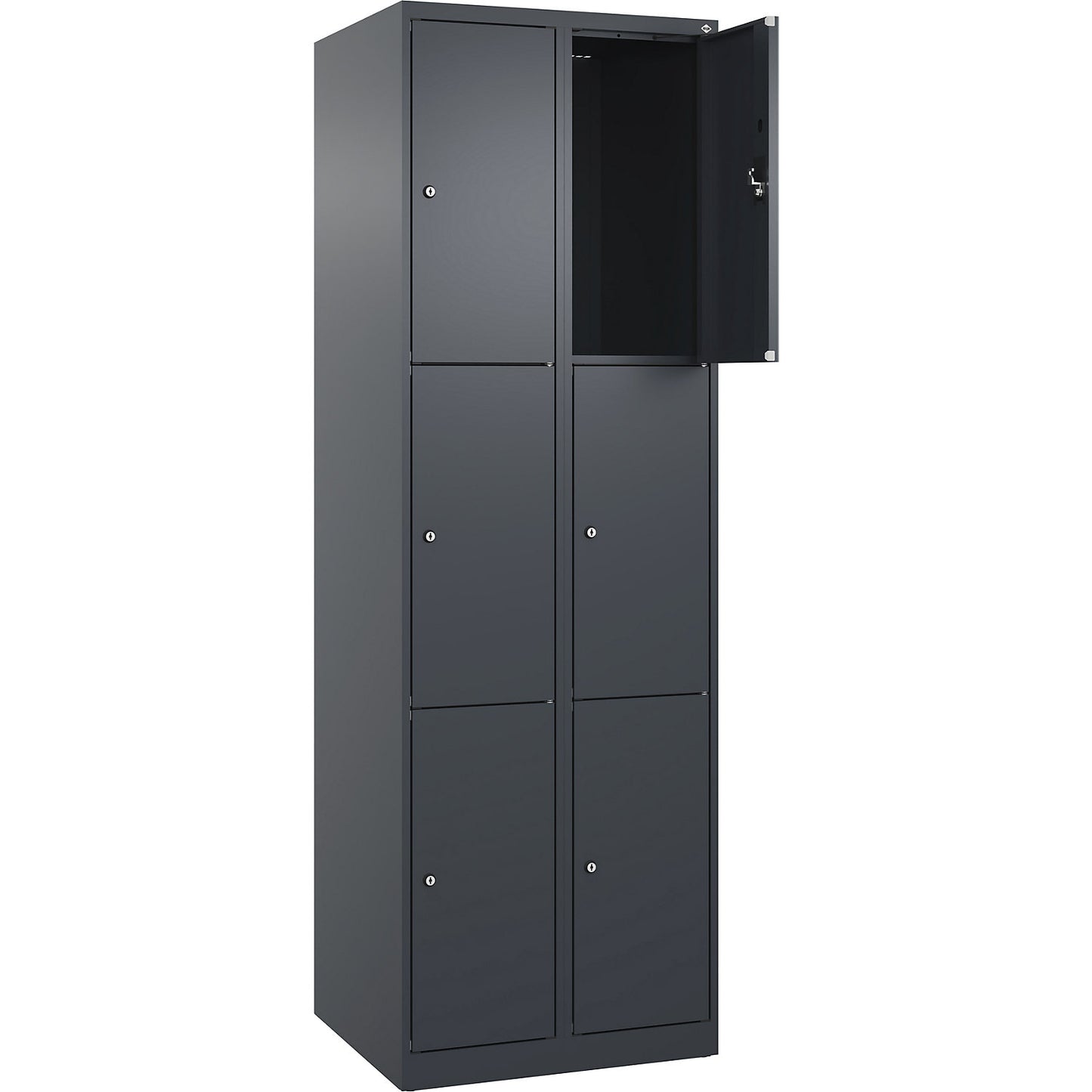 Evolo PLUS 3-fold compartment locker, 2 compartments, grey, W 600 mm, 6 compartments, with floor glides, cylinder lock.