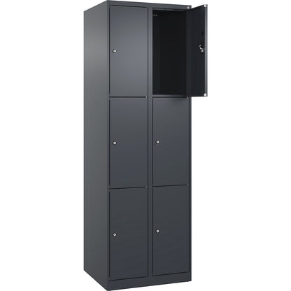 Evolo PLUS 3-fold compartment locker, 2 compartments, grey, W 600 mm, 6 compartments, with floor glides, cylinder lock.