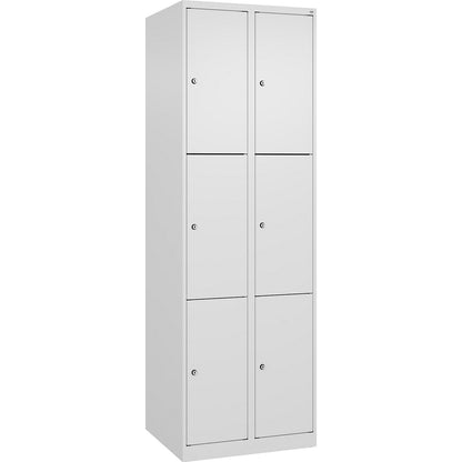 Evolo PLUS 3-fold compartment locker, 2 compartments, white, W 600 mm, 6 compartments, with floor glides, cylinder lock.