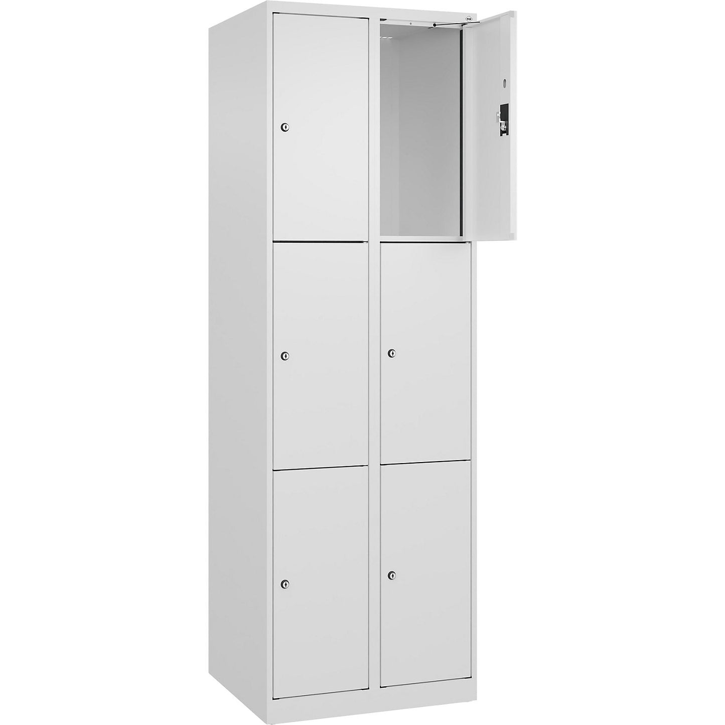 Evolo PLUS 3-fold compartment locker, 2 compartments, white, W 600 mm, 6 compartments, with floor glides, cylinder lock.