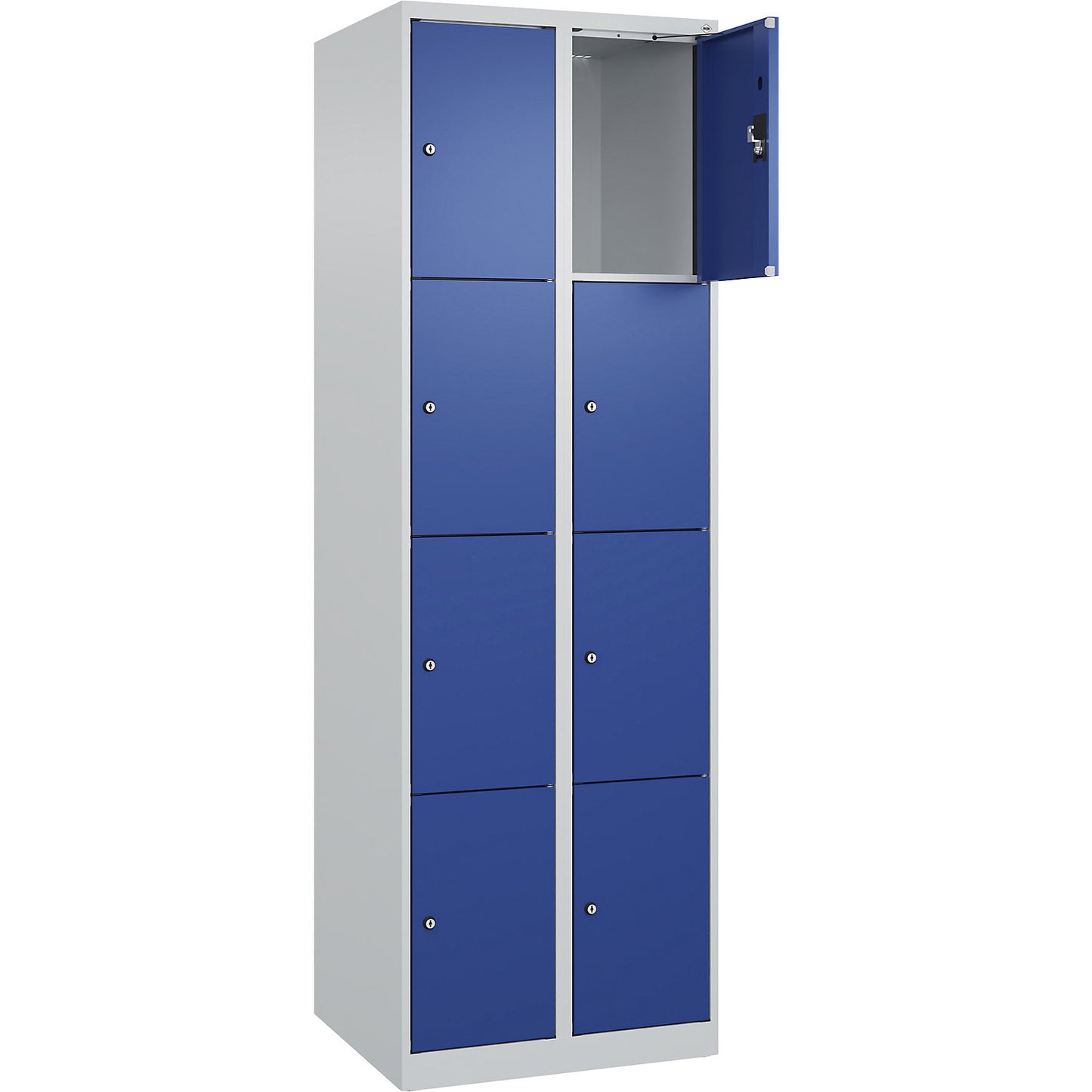 Evolo PLUS 4-fold compartment locker, 2 compartments, light grey / gentian blue, W 600 mm, 8 compartments, with floor glides, cylinder lock.