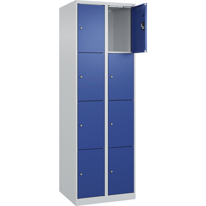 Evolo PLUS 4-fold compartment locker, 2 compartments, light grey / gentian blue, W 600 mm, 8 compartments, with floor glides, cylinder lock.