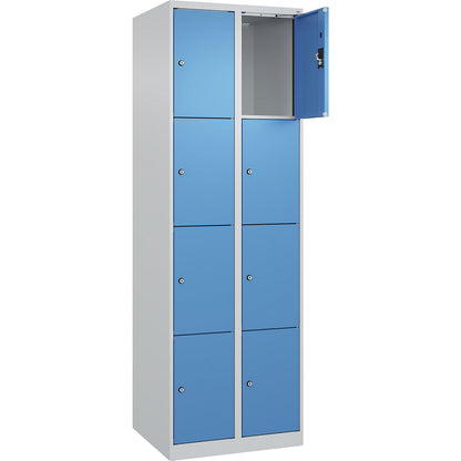 Evolo PLUS 4-fold compartment locker, 2 compartments, light grey / light blue, W 600 mm, 8 compartments, with floor glides, cylinder lock.