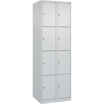 Evolo PLUS 4-fold compartment locker, 2 compartments, light grey, W 600 mm, 8 compartments, with floor glides, cylinder lock.