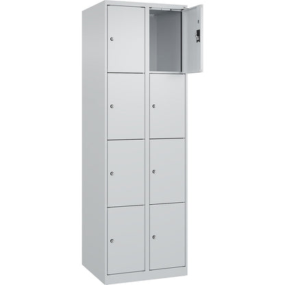 Evolo PLUS 4-fold compartment locker, 2 compartments, light grey, W 600 mm, 8 compartments, with floor glides, cylinder lock.