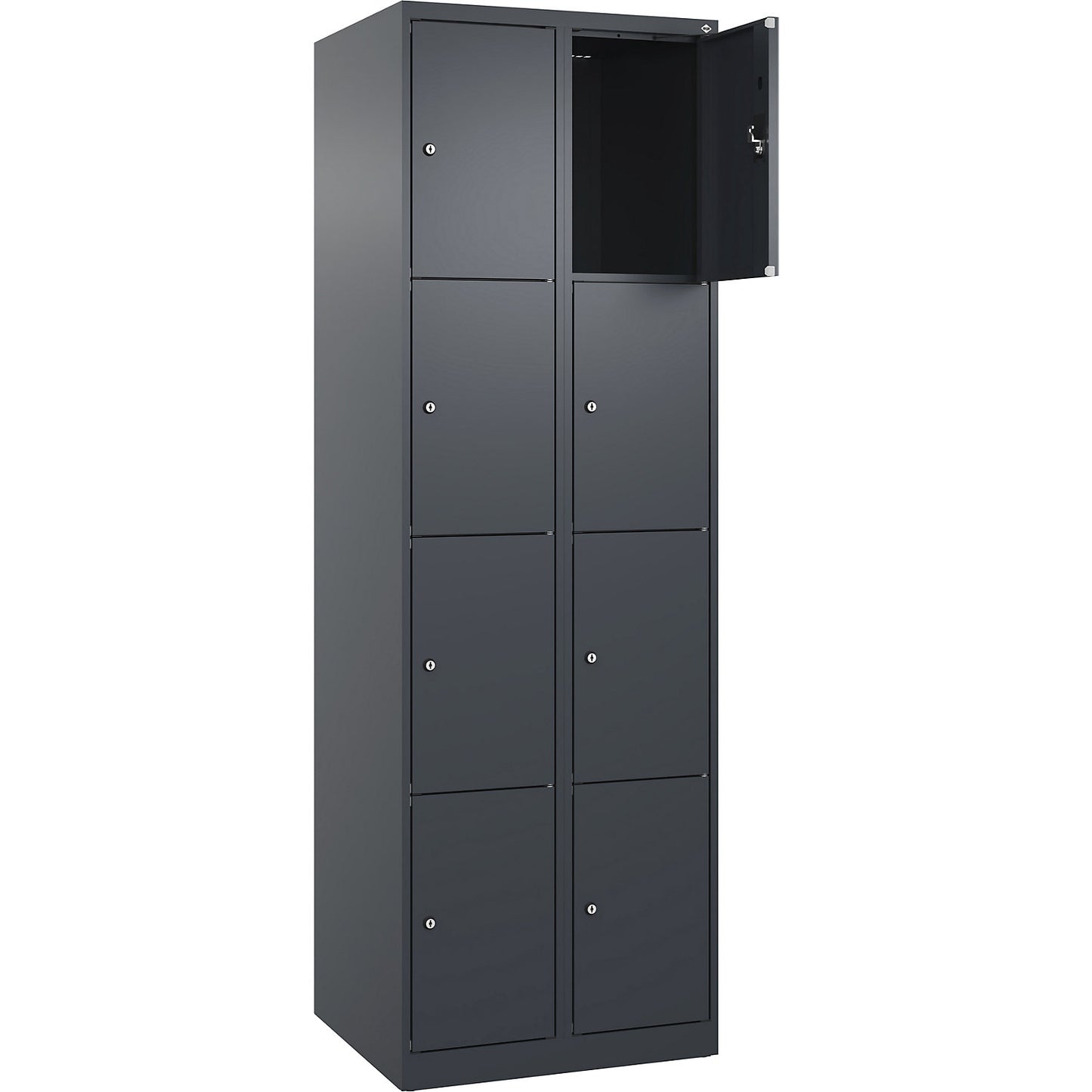 Evolo PLUS 4-fold compartment locker, 2 compartments, grey, W 600 mm, 8 compartments, with floor glides, cylinder lock.