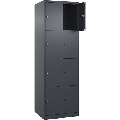 Evolo PLUS 4-fold compartment locker, 2 compartments, grey, W 600 mm, 8 compartments, with floor glides, cylinder lock.